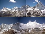 12 10 Chomolonzo, Kanchungtse, Makalu, Chago , Pethangtse, Shartse, Lhotse East Face, Everest Kangshung East Face From Everest East Base Camp In Tibet At the end of our trek at Everest Kangshung East Base Camp, we had what I think is one of the best mountain vistas in the world. On my far left the peaks of Chomolonzo were stacked behind each other, followed by Kanchungtse (7672m, which is also called Makalu II) leading to the Makalu La and up to the Makalu summit, then Chago (6860m) leading to the beautiful pyramid of Pethangtse (6738m) with the Shartse Glacier lapping at its feet. After dipping down to the 6177m Shar La, the ridge rises to Shartse (7502m), Peak 38 (7589m, also called Shartse II) and continues to Lhotse Shar, Lhotse Middle and Lhotse, drops to the South Col (8000m), climbs the Everest South East Ridge to the Everest South Summit, the 10m high Hillary Step and on to the summit of Everest at 8850m. The Everest North East Ridge drops down from the summit past the third, second and first steps before meeting the extremely difficult Pinnacles.